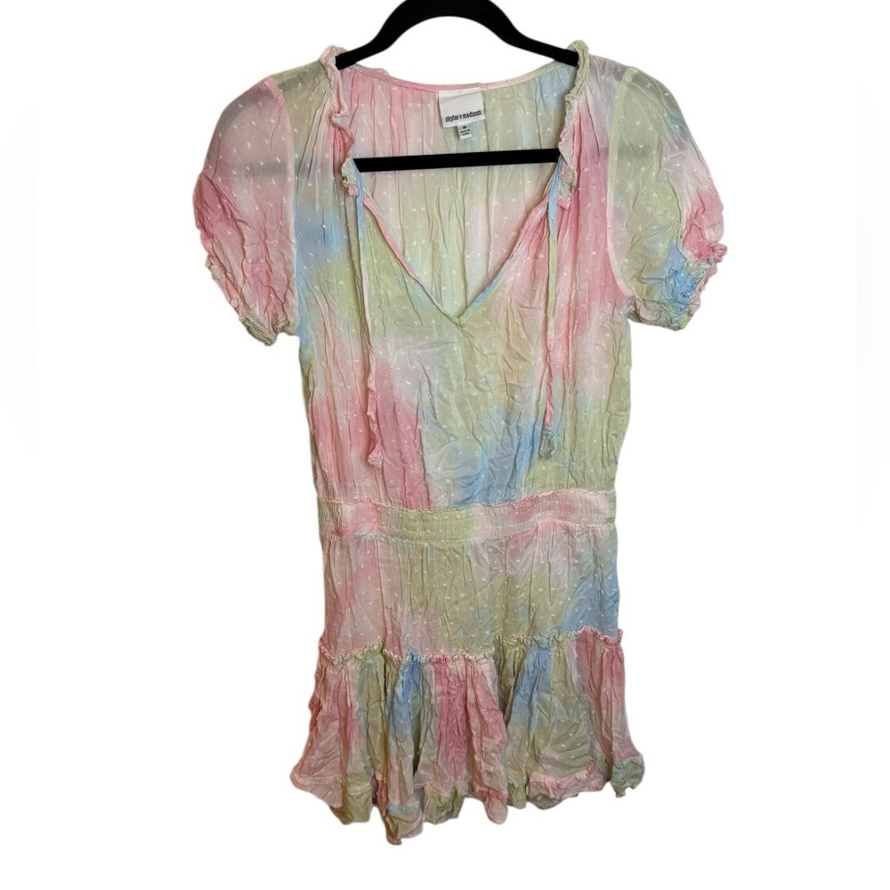Skylar + Madison Pastel Watercolor Swiss Dot Smocked Mini Dress